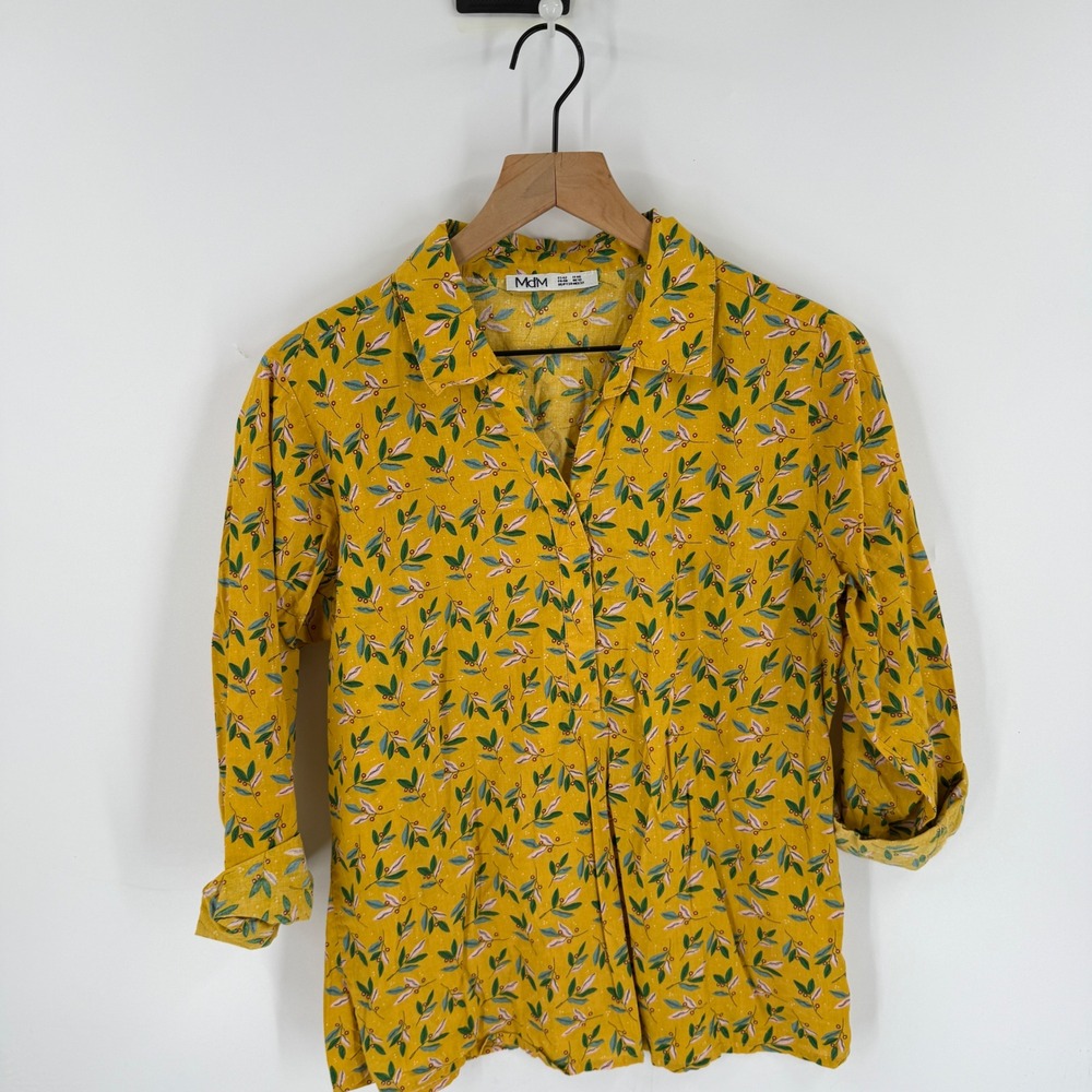 MdM Button Down Shirt Yellow UK 12 Floral Leaf Print Long Sleeve Collared Top